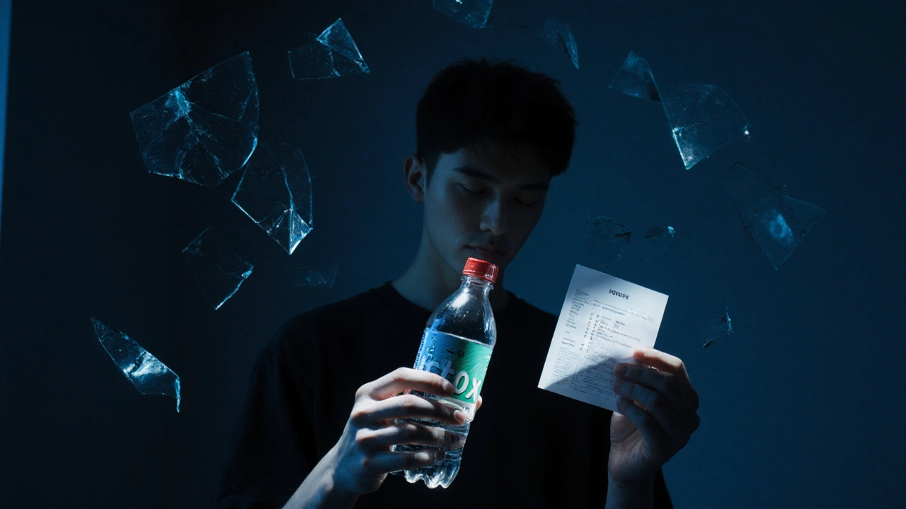 Jugendlicher hält eine Detox-Flasche und einen Test, umgeben von zerbrochenem Glas, symbolisch für gescheiterte Versuche.