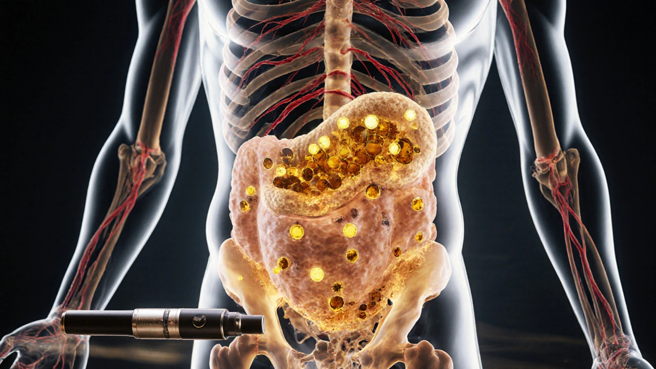 Transluzenter menschlicher Körper mit THC-Partikeln im Fettgewebe, ein Vape-Gerät liegt daneben.