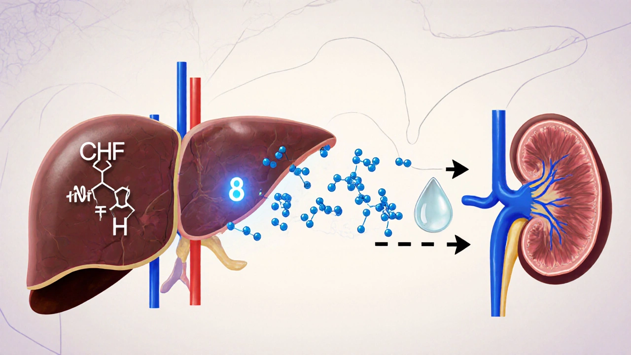 Illustration von Leber und Niere, die Delta‑8 zu wasserlöslichem Metaboliten verarbeiten.