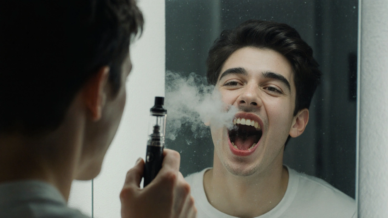 Junge Person mit Vape-Pen, Spiegelbild zeigt inneren Mundschaden