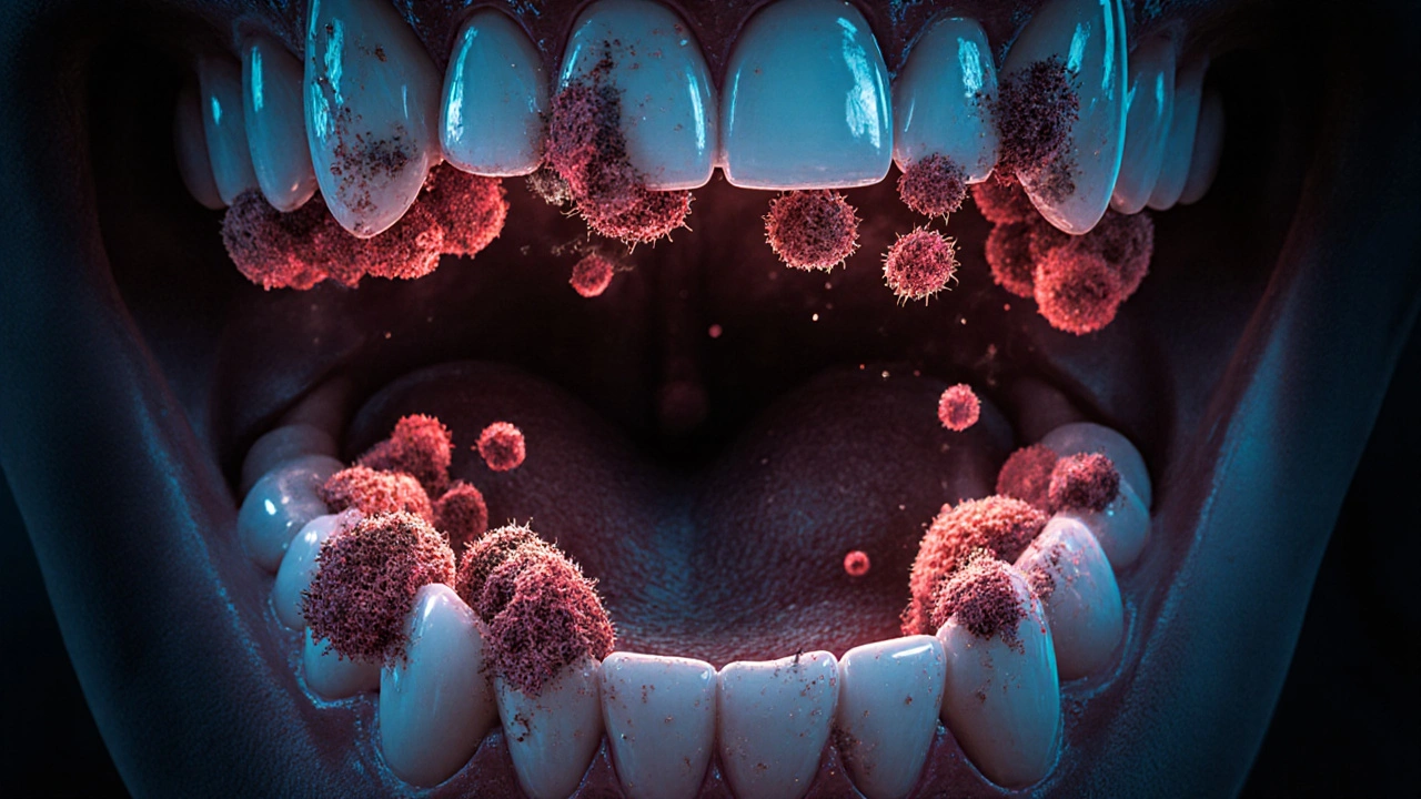 Mikroskopische Ansicht absterbender Mundschleimhautzellen und wuchernder Bakterien